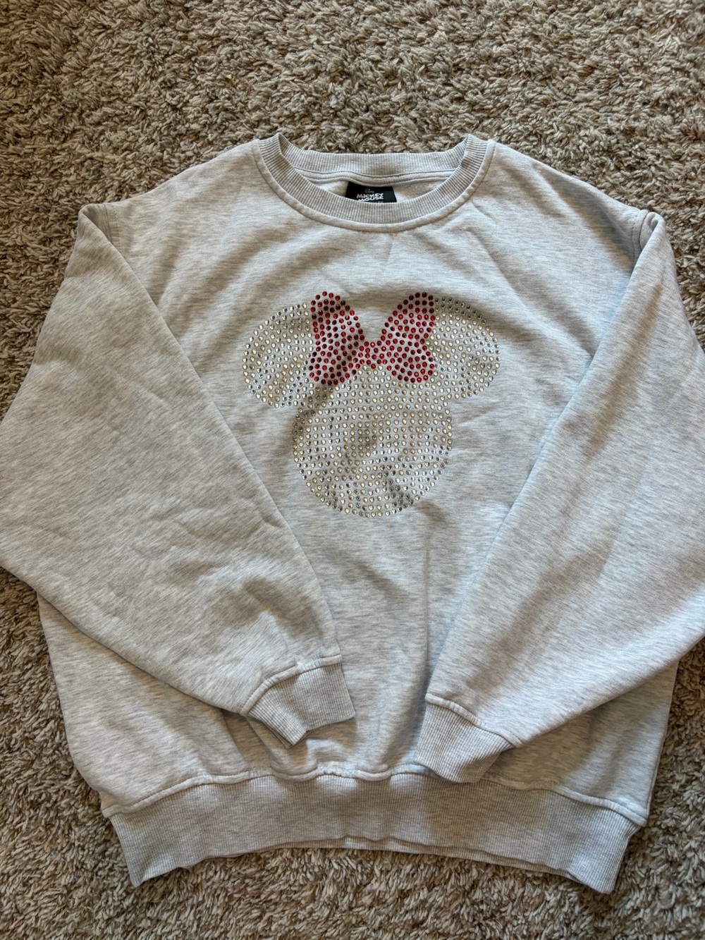 Women’s medium Light Gray Rhinestone Character Sweatshirt with red Bow